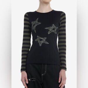 Hot Topic black & olive green stripe star long sleeve grunge punk top